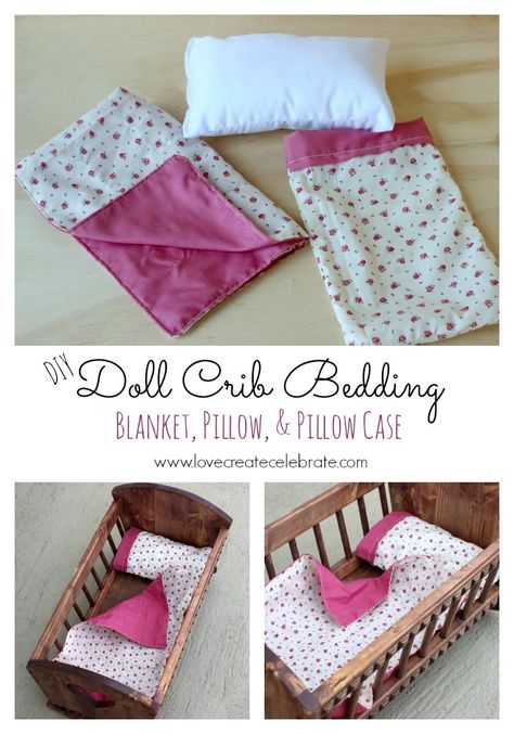 Doll Crib Bedding - Love Create Celebrate                                                                                                                                                      More Doll Cradle Bedding, Diy Doll Crib, Diy Baby Doll Crib, Dolls Bedding, Doll Bed Diy, Baby Doll Cradle, Doll Blankets, Baby Doll Crib, Baby Doll Bed