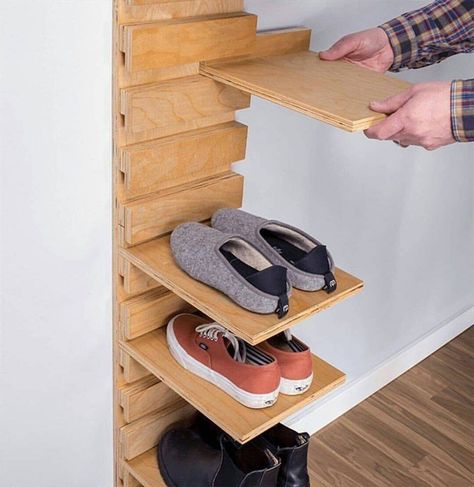 Vertical shoe storage for Tiny House organization, credit to wood working enthus on facebook Shoes Storage Small Space, Homemade Shoes Rack, Original Shoe Storage, Small Space Shoe Storage Ideas, Vertical Shoe Rack Ideas, Small Space Shoe Storage Entryway, Understairs Shoe Storage, Clever Shoe Storage Small Spaces, Diy Shoe Rack Ideas Small Spaces