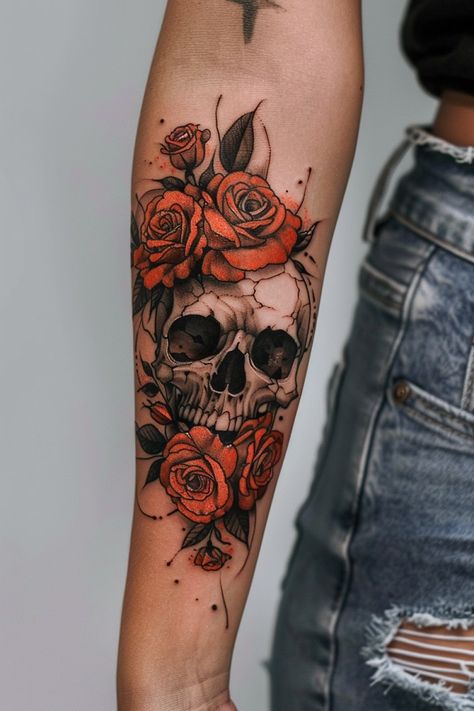 Edgy Tattoo Designs for Women Rose Tattoos For Women Sleeve, Flower And Skull Tattoos For Women, Decaying Rose Tattoo, Realistic Flowers Tattoo, Rose Arm Sleeve Tattoos For Women, Steampunk Skull Tattoo, Pretty Skull Tattoos For Women Sleeve, Women’s Skull Tattoo, Skull Rose Tattoo For Women