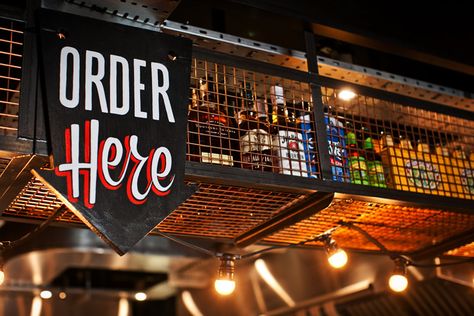 Order Here Sign, Street Food Design, Small Restaurant Design, Typography Design Inspiration, Pub Design, Bbq Restaurant, Restaurant Concept, Bar Interior, Food Hall