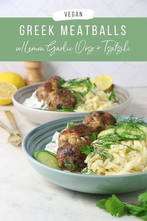 Orzo Vegan, Lemon Garlic Orzo, Garlic Orzo, Vegan Greek, Greek Dinners, Greek Meatballs, Lemon Orzo, How To Cook Orzo, Vegan Meatballs