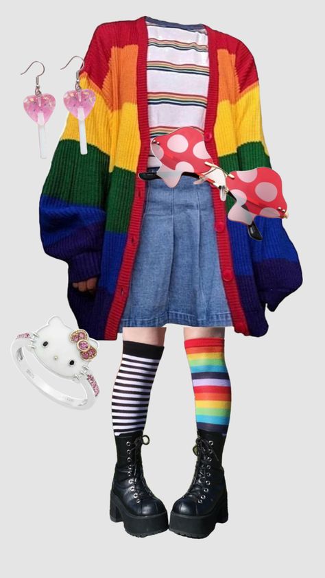 #indiekid#outfit#outfitinspo#rainbow Rainbow Outfit Drawing, Outfit Ideas Bright Colors, Male Kidcore Outfits, Dhmis Inspired Outfits, Liminal Space Outfit, Primary Color Clothes, Rainbow Academia Outfits, Masc Clowncore Outfits, Kidcore Clothes Aesthetic