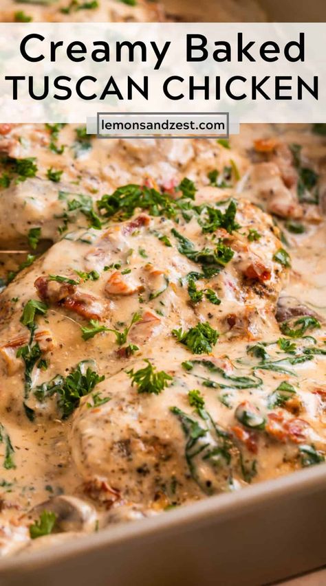 This cozy and comforting creamy Baked Tuscan Chicken is a simple take on a classic dish. A dump and bake chicken breast recipe that can be prepped and served in about 30 minutes. A great dish for a simple weeknight meal or a dinner party--perfect for any occasion! Baked Tuscan Chicken, Dump And Bake Chicken, Bake Chicken Breast, Dump And Bake, Tuscan Chicken Pasta, Chicken Breast Recipes Baked, Bake Chicken, Chicken Breast Recipe, Baked Dinner