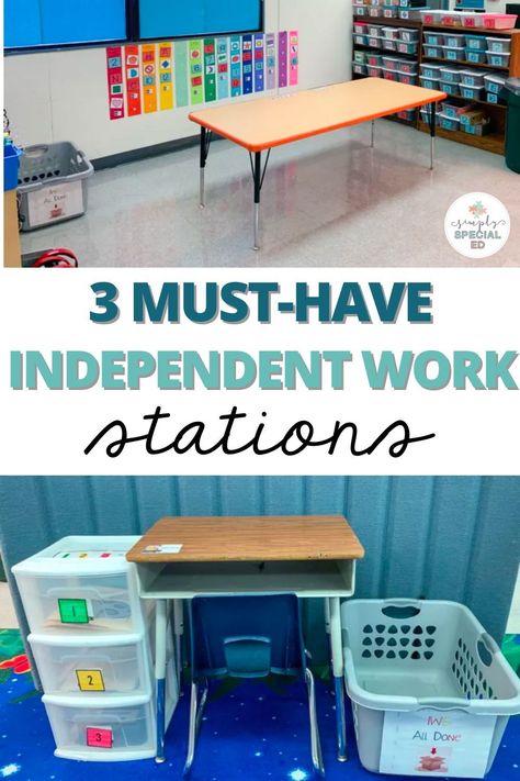 Structured work systems, also called independent work stations, are perfect for students in a self-contained classroom. These systems are visual systems that are strategically set up so students can work independently. Today I am sharing 3 structured work systems for special education students. You will find details about task box centers, three drawer work systems, and independent work binders. Students can work on file folder activities, writing or tracing, matching activities and more! Work System Tasks, Independent Work Stations Sped, Independent Work Stations Set Up, 3 Drawer Work System, Sped Classroom Centers, Special Education Independent Work Stations, Structured Classroom Special Education, Structured Learning Classroom Setup, Middle School Task Boxes