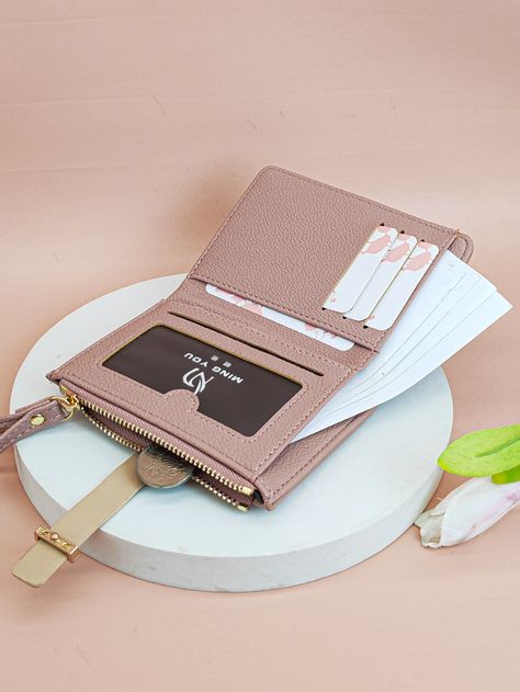 Pink Fashionable Collar  PU Leather Colorblock Small Wallet Embellished   Wallets & Cardholders Wallets For Girls, Pink Preppy, Ladies Wallet, Best Purses, Piggy Banks, Word Wrap, Money Bag, Leather Style, Girl Stuff