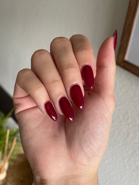 Maroon Oval Acrylic Nails, Crimson Red Almond Nails, Red Acrylic Nails Pointy, Red Sharp Almond Nails, Almond Deep Red Nails, Fall Russian Manicure, Dark Red Nails Almond Shape, Mandelforming Nails, Almond Nails Fall Design