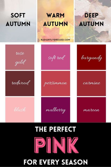 Are you ready to find the perfect shade of pink for every color season? In this comprehensive guide, we delve into the best pinks for Spring, Summer, Autumn, and Winter, helping you enhance your natural beauty and personal style. Discover the psychology behind pink, learn how to incorporate it into your work wardrobe, and explore expert tips for mixing and matching. Keywords: perfect pink, color season, personal style, work wardrobe, fashion tips, pink shades, seasonal colors. Unleash the ... Radiantly Dressed, Deep Autumn Palette, Soft Autumn Deep, Autumn Color Palette Fashion, Soft Autumn Palette, Deep Autumn Color Palette, Soft Autumn Color Palette, True Autumn, Autumn Palette