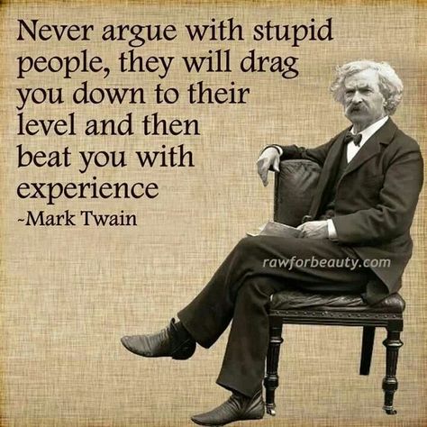 Never argue with stupid people they'll drag you down to their level and beat you with experience.  -Mark Twain One Sentence Quotes, Mark Twain Quotes, Great Sayings, Deep Breath, Mark Twain, Quotable Quotes, Amazing Quotes, Wise Quotes, Positive Attitude