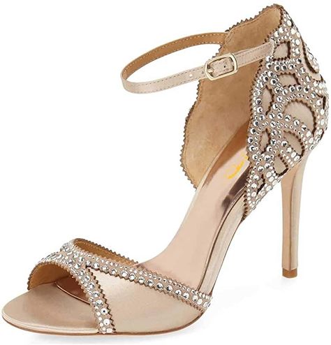 Amazon.com: pinup shoes Wedding Ballroom, Bride Sandals, Pin Up Shoes, Shoes For Wedding, Pencil Heels, Satin Shoes, Rhinestone Sandals, Wedding Sandals, Color Champagne