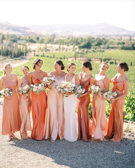 Bridesmaid Dresses Coral Pink, Spanish Inspired Bridesmaid Dresses, Outside Spring Wedding Decor, Different Orange Bridesmaid Dresses, Peach And Blush Bridesmaid Dresses, Pink And Peach Wedding Bridesmaid Dresses, Peachy Orange Bridesmaid Dresses, Peach Coloured Bridesmaid Dresses, Melon Bridesmaid Dresses