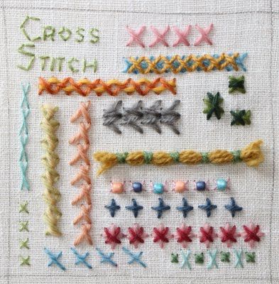 Variations on the Cross Stitch. Summer Stitch School 2001. The Floss box. Variation 1  The basic stitch. Traditionally, the lower and upper stitches are made in the same direction. Of course, one is free to turn that upside down and experiment with that. I will leave that to you though and focus on shapes and uses instead.    Variation 2  Stitch a row on top of another. Adds a lot of interest, especially when you use two floss colors. Also shown are some single cross stitches with variations ... Bordado Jacobean, Cross Stitch Tutorial, Embroidery Sampler, Herringbone Stitch, Different Stitches, Stitch Book, Hand Embroidery Stitches, A Cross, Embroidery Inspiration