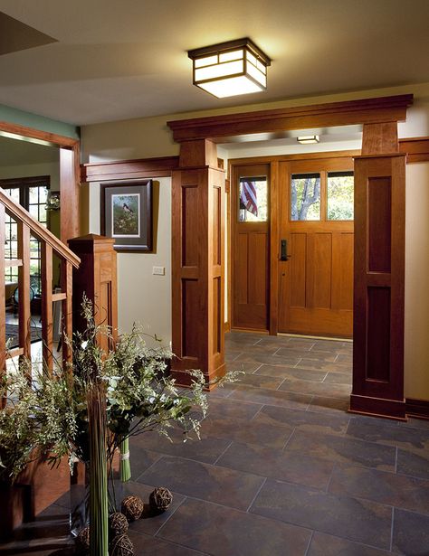 Cozy Craftsman Interior, Craftsman Family Room, Craftsman Foyer, Craftsman Style Interiors, Craftsman Entry, Craftsman Interior Design, Craftsman Interiors, Craftsman Home Interiors, Craftsman Decor