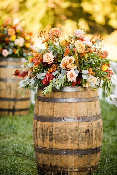 Florals by Ruffled Willow Whiskey barrel rented through The Silo Barrels For Wedding, Wine Barrel Flower Arrangements, Whiskey Barrel Flowers, Wine Barrel Wedding Decor, Barrel Wedding Decor, Barrel Flowers, Fall Country Wedding, Wine Barrel Wedding, Whiskey Wedding