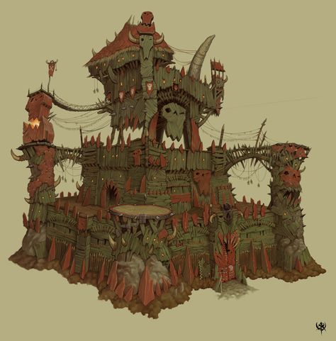 WAR Orc fortress concept art Orc Building, Orc Village, Fortress Concept Art, Warhammer Online, Fantasy Buildings, Warhammer Terrain, Fantasy Architecture, Landscape Concept, Warhammer Art