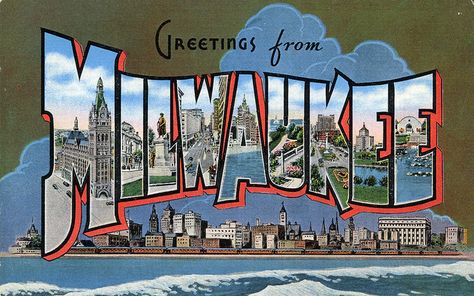 Greetings from Milwaukee postcard  Circa 1945 Wisconsin Art, Wisconsin Travel, Washington Monument, Milwaukee Wisconsin, On The Road Again, Large Letters, Lake Michigan, Up Girl, Vintage Postcards