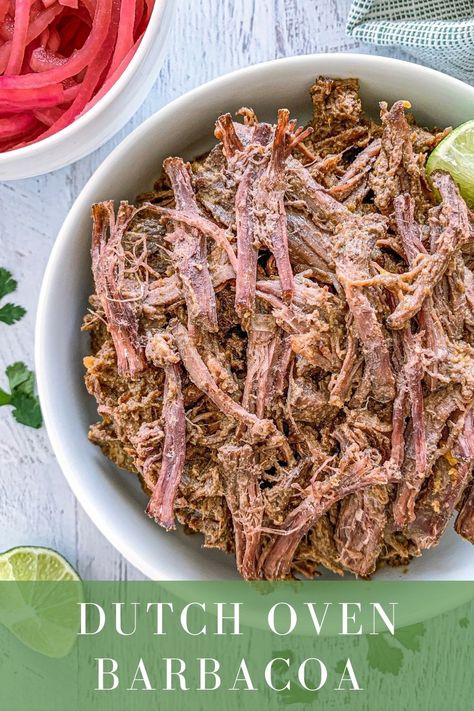 This Dutch Oven Beef Barbacoa recipe is an absolutely flavor-filled fiesta that also happens to be incredibly easy to make. The beef is seasoned and cooked low and slow until perfectly tender. Barbacoa can be used to make tacos, salads, burritos, or even nachos. All that is required is to sear the meat, add the seasonings, and the oven does the rest! Barbacoa Dutch Oven, Dutch Oven Barbacoa Beef, Chuck Roast Dutch Oven, Chuck Roast Recipe Oven, Easy Barbacoa Recipe, Dutch Oven Beef, Beef Barbacoa, Mexican Shredded Beef, Chuck Roast Recipes