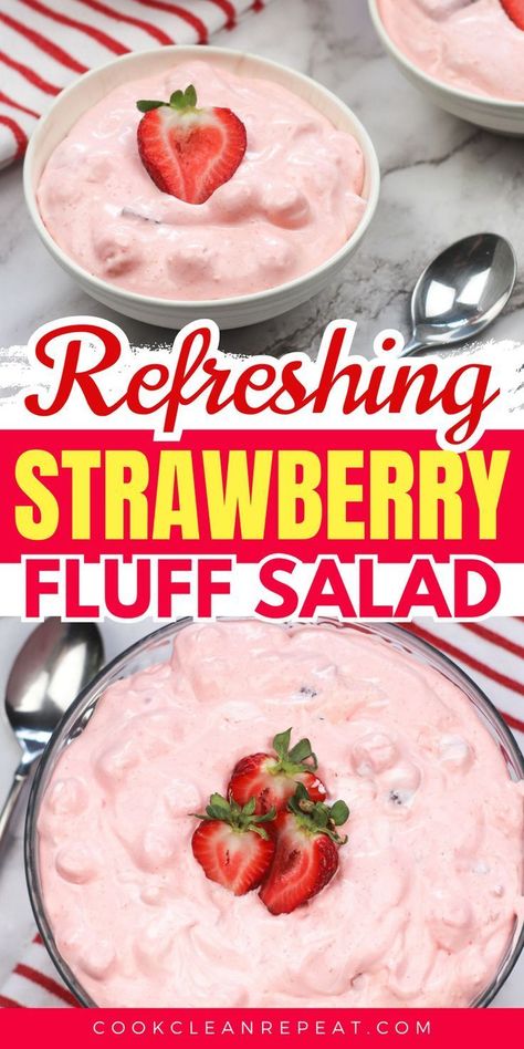 Get ready for summer with this delicious strawberry fluff salad! It's so light and airy, you'll be licking your plate clean! The flavorful combination of strawberry jello and cook-and-serve vanilla pudding – you won't want to miss this one. Ready to get cooking? Click here for the full recipe! Stawberry Salad, Strawberry Fluff Salad, Strawberry Jello Salad, Jello Fruit Salads, Fruit Salad With Pudding, Strawberry Fluff, Jello Flavors, Fluff Salad, Easy Puddings