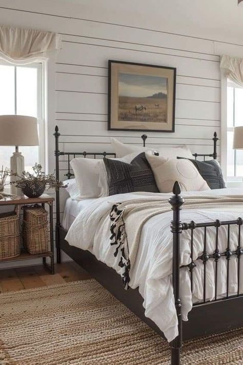 French Countryside Bedroom, Welcome To Our Nest, Black Iron Beds, Vintage Farmhouse Bedroom, Farmhouse Guest Bedroom, Farmhouse Bedroom Ideas, Black Metal Bed, Wrought Iron Bed, Cute Bedroom