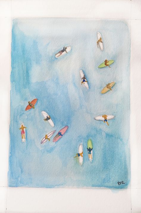 Watercolor Surfboard Art, Watercolor Dorm Art, Surfboard Watercolor Paintings, Watercolor Surf Art, Summer Watercolour Painting, Cottage Painting Ideas, Diy Art Drawing, Hawaii Watercolor Paintings, Surfing Watercolor Paintings