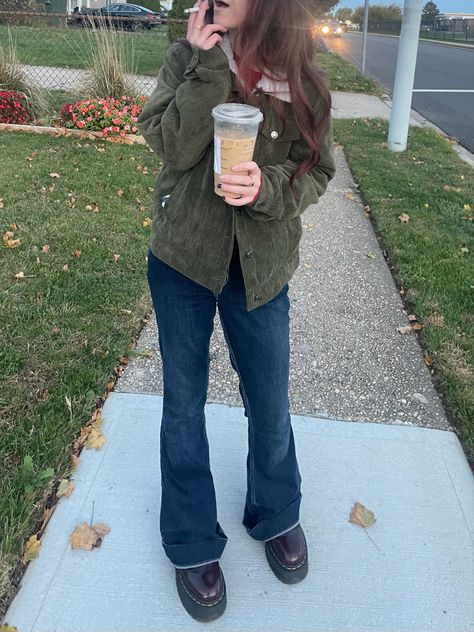 Cute Fall Outfits Doc Martens, Corduroy Green Jacket, Outfits With Red Doc Martens, Cherry Docs Outfit, Cherry Red Docs Outfits, Burgundy Docs Outfit, Maroon Docs Outfit, Winter Outfits Green Jacket, Cordoury Jacket Outfit