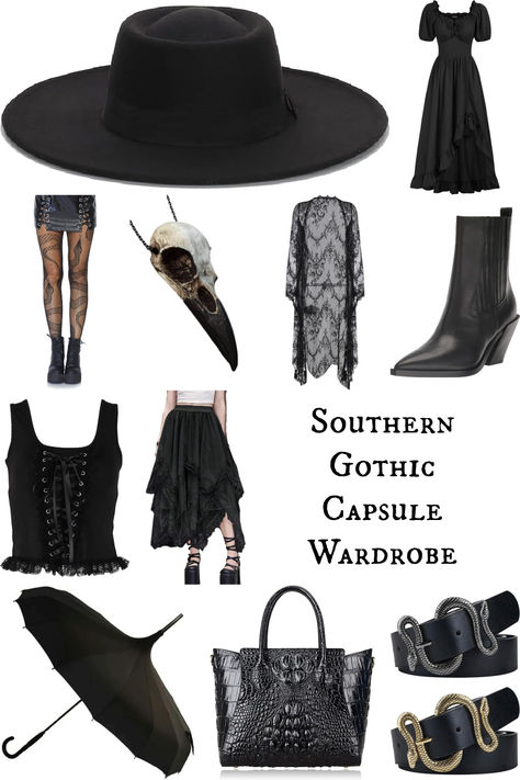 Fill your closet with the southern gothic capsule wardrobe staples: wide-brimmed hats, western-influenced ankle boots, skull jewelry, plus puff sleeve, lace, and corset adornments. These Amazon finds will help you nail the style without breaking the bank. Affiliate link. Southern Goth Fashion, Southern Gothic Style, Goth Western Outfits, Gothic Capsule Wardrobe, Gothic Boho Fashion, Southern Gothic Aesthetic Fashion, Goth Capsule Wardrobe, Southern Gothic Outfits, Gothic Western Aesthetic