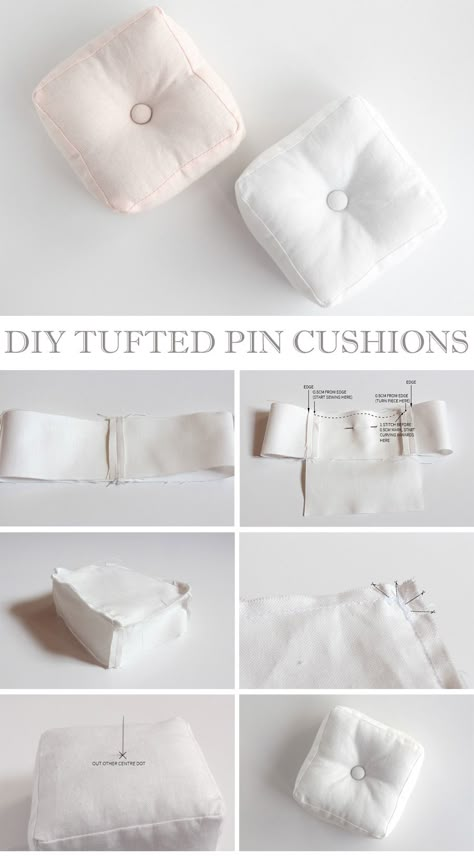 Cute Tufted Pin Cushions Tutorial Sewing Mini Pillows, Tufted Cushion Diy, Homemade Pin Cushions How To Make, Pin Cushion Sewing Pattern, Sewing Ideas Gifts, Sewing Pin Cushion Diy, Free Pincushion Sewing Patterns, Small Pillows Diy, How To Make Pin Cushions