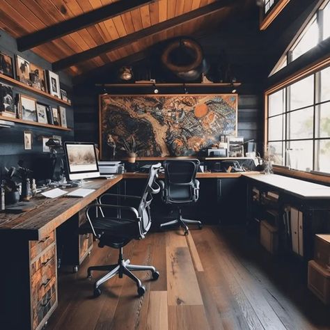 Home Office Computer Desk Work Stations, Home Office And Workshop, Mans Study Room, Mens Home Design, Rustic Study Room Ideas, Woodsy Office Ideas, Men’s Home Offices, Small Office With No Windows, Coolest Home Office