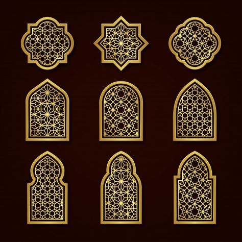 Set of gold arabic ornamental windows Pr... | Premium Vector #Freepik #vector #pattern #frame #islamic #ornament Islamic Arabesque Pattern, Dekorasi Maroko, Muslim Prayer Room Ideas, Islamic Design Pattern, Arabian Decor, Prayer Room Ideas, Motif Arabesque, Geometric Pattern Background, Luxury Green