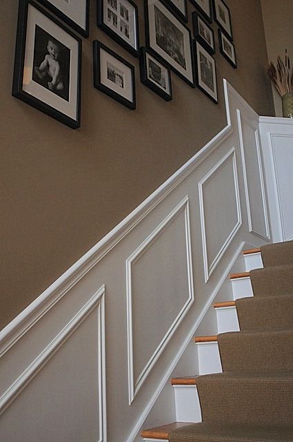 Moulding On Staircase Wall, Staircase Moulding, Stairs Wall Design, Stairway Wainscoting, Wall Paneling Makeover, Staircase Molding, Foyer Makeover, Wainscoting Staircase, Stair Paneling