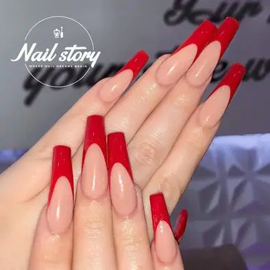 23  Stunning French Coffin Nail Ideas (2024) - DrExplains French Coffin Nail Ideas, Red Coffin Nail Designs, Coffin Nail Ideas, French Coffin, Tip Nail Designs, Red Coffin, Fly Nails, Poppin Nails, Coffin Nail Designs