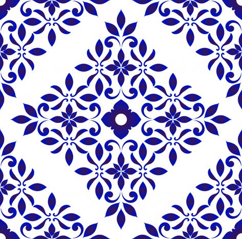 Floral tile pattern Premium Vector Blue And White Vases, Floral Tile, Simple Decoration, Background Flower, Floral Tiles, Blue And White Vase, Colourful Tile, Floral Damask, Vector Background Pattern