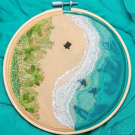 Waterfall Embroidery, Hawaii Embroidery, Watercolour Embroidery, Ocean Embroidery, Watercolor Embroidery, Felt Turtle, Minimalist Embroidery, Embroidery Pins, Beach Embroidery