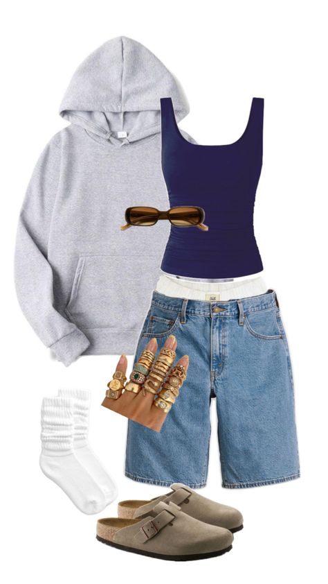 blue tank top, grey hoodie, jorts, birkenstocks, ribgs, ahs style, fit inspo Grey Tank Top Outfit, Ahs Style, Neat Casual Outfits, Best Friend Outfits, Tank Outfit, Shoes Outfit Fashion, Outfit Inspo Casual, Cute Comfy Outfits, Friend Outfits