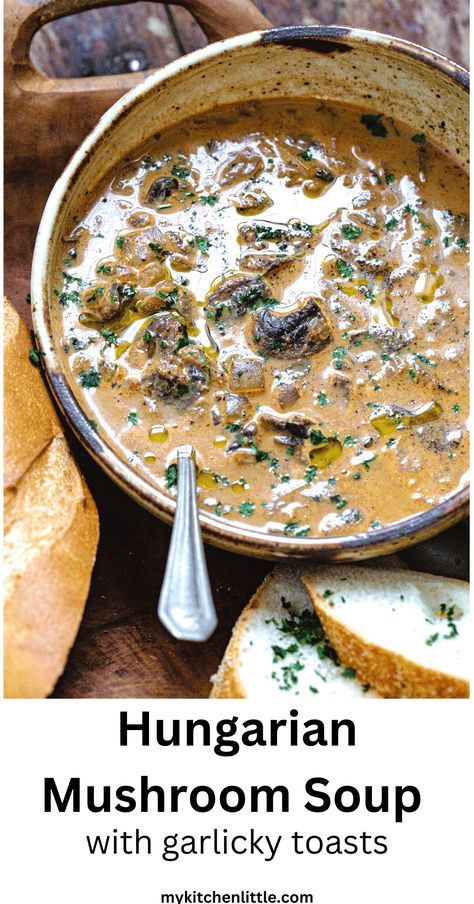 Cozy, creamy, and packed with mushroom flavor, this version of Hungarian Mushroom Soup is for the real-deal mushroom lovers. Thanks to a flavor paste built from dried porcini mushrooms, this soup is absolutely brimming with deep flavor - perfect for a chilly winter evening. #hungarianmushroomsoup #soup #mushrooms Finnish Mushroom Soup, Cream Of Wild Mushroom Soup, Mushroom Dumpling Soup, Garlic Mushroom Soup Recipes, Tuscan Mushroom Soup, Vegan Hungarian Mushroom Soup, Mushroom Bisque Soup Recipes, Irish Mushroom Soup, Wild Mushroom Carmelized Onion Kale Soup