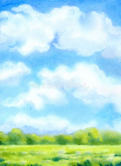 Watercolor background with white clouds on blue sky over sunlit. Colorful waterc #Sponsored , #SPONSORED, #Paid, #white, #Watercolor, #Colorful, #clouds Blue Sky Watercolor Painting, How To Paint A Sky Background, Painting Sky Clouds, Watercolor Background Landscape, Sky Background Drawing, Watercolor Art Sky, Sky Drawing Clouds, Sky Illustration Cloud, Sky Background Painting