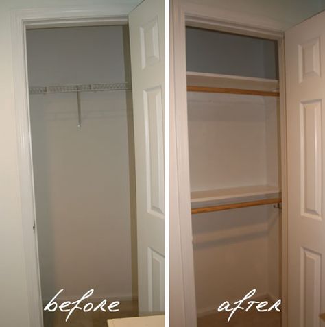 Utilize Small Closet Space, Add Rod To Closet, Double Rod Coat Closet, Double Wide Closet Organization, Small Closet Two People, Shelves Small Closet, Double Rods In Closet, Double Bar Closet Organization, Double Rack Closet Organization