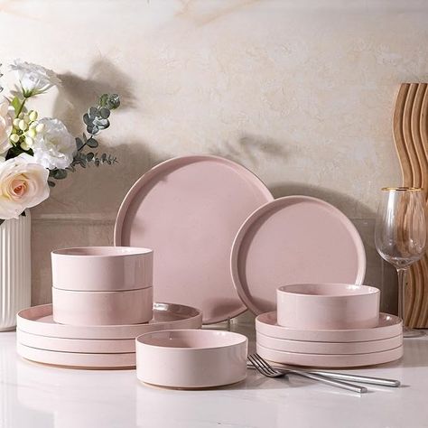 Amazon.com | AmorArc Ceramic Dinnerware Set for 4 | Speckled Stoneware Plates and Bowls with unglazed terracotta | Scratch Resistant, Dishwasher & Microwave Safe Dishes Sets- 12-Pcs Pink: Dinnerware Sets Terracotta Accents, Pink Dinnerware, Stoneware Plates, 13 Hours, Ceramic Dinnerware Set, Minimalist Tables, Stoneware Dinnerware, Ceramic Dinnerware, Spiral Pattern