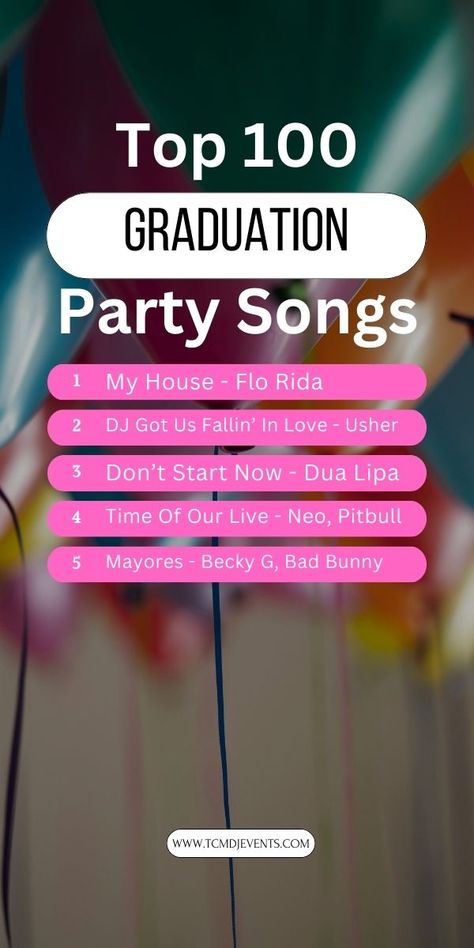 Graduation is an exciting time which means it's time to celebrate.  There is no better way to celebrate your graduation than with a dance party.  That's why we compiled a playlist of over 100 songs that you can use for your graduation party.  Our playlist has an eclectic mix of of genres so it should please everyone.  If you are interested in booking a DJ for your graduation party in the NYC or Miami area, then you can email us at info@tcmdjevents.com Grad Party Playlist, Graduation Party Playlist, Graduation Playlist, Slideshow Songs, Reception Entrance Songs, Boys High School Graduation Party, Party Music Playlist, Girl Graduation Party, Disco Songs