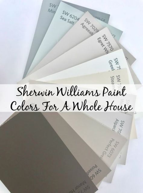 Non-boring neutral Sherwin Williams paint colors for an entire house. Colors for an open floor plan, bedrooms, bath, etc that keep the vibe cohesive. Sherwin Williams Paint Neutral, Sherwin Williams Sea Salt, Interior Paint Colors For Living Room, Sherwin Williams Paint, Interior Paint Colors Schemes, Brown Roof, Farmhouse Paint Colors, Roof House, Farmhouse Paint