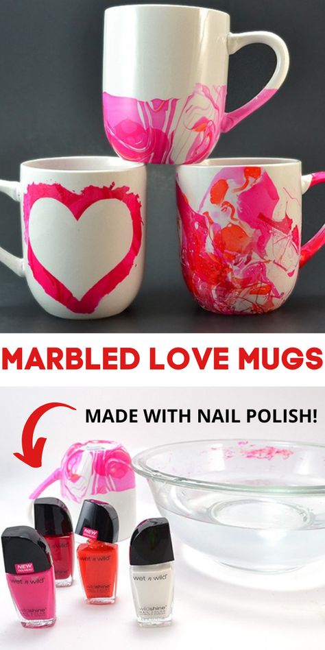 DIY Marbled Valentine's Day Love Mugs Made with Nail Polish Painted Dishes, Coffee Cups Diy, Painted Coffee Mugs, Nail Polish Crafts, Paint White, Diy Nail Polish, White Mugs, Valentine's Day Recipes, Valentines Mugs