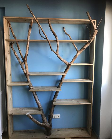 Wooden Tree Shelves, Forest Bookshelf, Display Shelf Ideas, Nature Storage, Tree Branch Shelf, Log Bookshelf, Tree Shelves, Nursery Bookshelves, Tree Branch Decor