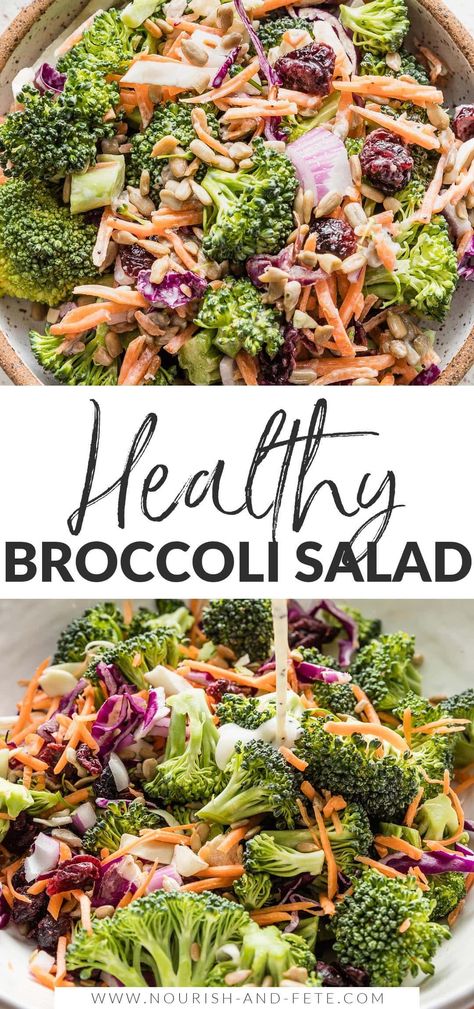 This healthy Broccoli Salad is an easy and delicious side that's perfect for sharing! It features crunchy broccoli, carrots, and red cabbage, salty sunflower seeds, sweet dried cranberries, and a creamy homemade dressing. Broccoli Cabbage Salad, Broccoli And Carrot Salad, Raw Red Cabbage Recipes, Broccoli Carrot Salad, Cabbage Salads, Chicken Pesto Pasta Salad, Crunchy Broccoli, Vegan Greek Yogurt, Healthy Broccoli Salad