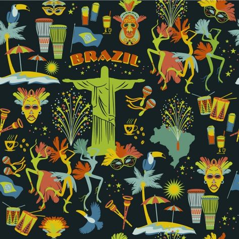 Brazilian pattern in colorful style | Free Vector #Freepik #freevector #background #pattern #travel #map Brazilian Samba, Rio Carnival, Party Poster, Brazil, Colorful Fashion, Character Illustration, Apple Watch, Aesthetic Pictures, Seamless Patterns