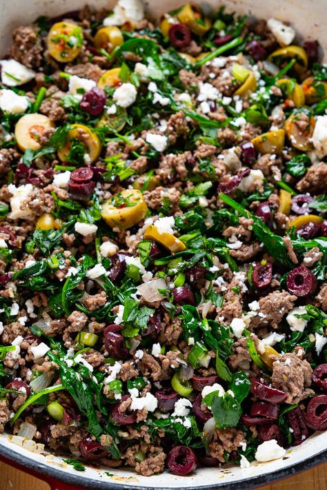 Greek Skillet Dinner, Ground Beef With Olives, Greek Beef Skillet, Spinach Beef Recipes, Greek Olives Recipes, Feta And Ground Beef, Greek Minced Beef Recipes, Ground Beef Feta Recipe, Greek Recipes With Ground Beef