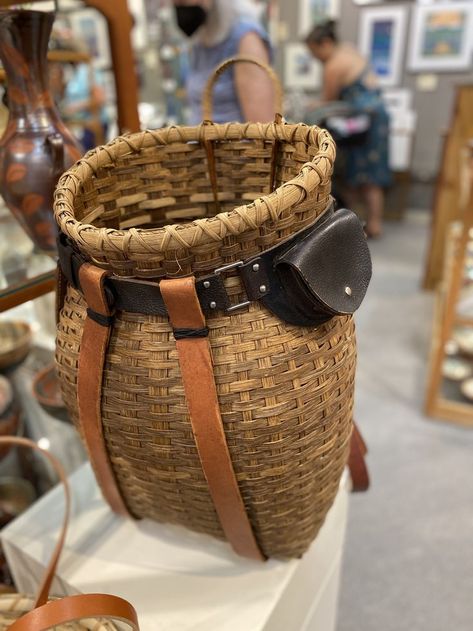 Handwoven basket with leather shoulder straps Pack Basket, Basket Backpack, Traditional Bucket Bag With Weaving For Travel, Woven Basket, Traditional Natural Bucket Bag With Weaving, Foraging Basket, Foraging Basket Backpack, Traditional Basket Bag With Open Weave, Birch Bark Crafts