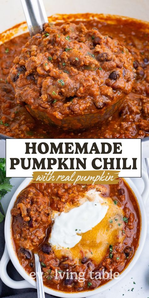 Traditional beef chili is getting a flavor upgrade with this easy and healthier Pumpkin Chili Recipe! A few secret spices and seasoning ingredients help to round out the hearty beef. Make a big batch and watch your friends and family gobble it up all Fall and football season long! Chili Recipe Without Tomatoes, Fall Chili Recipes, Chili With Pumpkin, Pumpkin Chilli, Fall And Football, Pumpkin Chili Recipe, Pumpkin Chili, Healthy Sweet Treats, Beef Chili