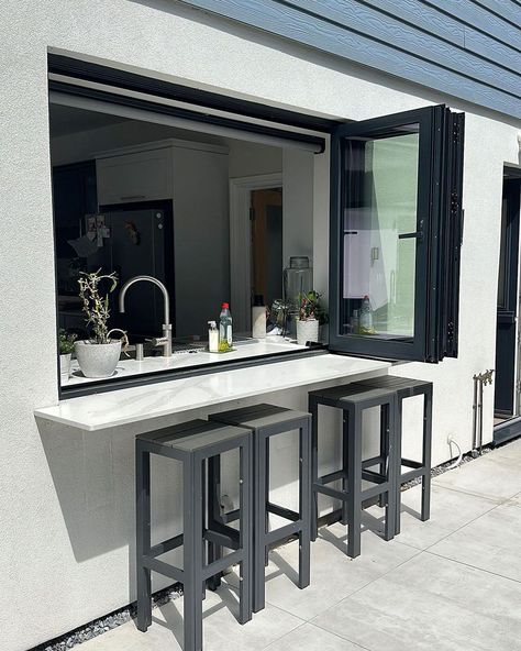 Recently installed and finished in time for alfresco dining season 🔥😍 Our Bifold Window used to open up to a serving station 💫 DM us your… | Instagram Kitchen Extension Layout, Kitchen Window Bar, Backyard Door, Serving Station, Japanese Cafe, Kitchen Window Design, Window Bars, Wood Chair Design, Sliding Folding Doors