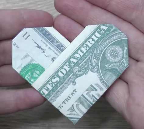 How To Make DIY Money Heart Origami Simple Money Origami, Folding Money Into A Heart, Heart Dollar Origami, Money Heart, Money Origami Tutorial, 5 Dollar Bill, Origami Ring, Money Paper, Folding Money