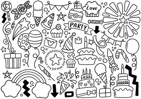 Doodle Happy Birthday, Birthday Doodles, Party Tips And Tricks, Happy Birthday Doodles, Banner Doodle, Candy Tattoo, Happy Doodles, Birthday Doodle, Doodle Borders