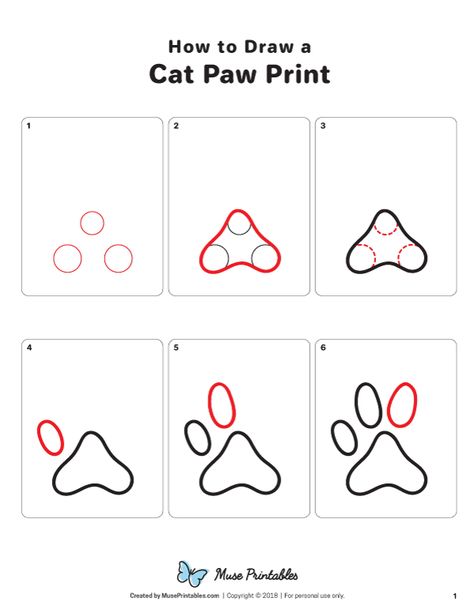 Learn how to draw a cat paw print step by step. Free printable download of this tutorial available at https://museprintables.com/download/how-to-draw/how-to-draw-a-cat-paw-print/ How To Draw Paw Prints Dogs, How To Draw Paw Prints, Paw Print Drawing Simple, How To Draw A Cat Paw, Cat Paw Print Drawing, How To Draw A Paw Print, Cat Paw Painting, Paw Print Doodle, How To Draw A Dog